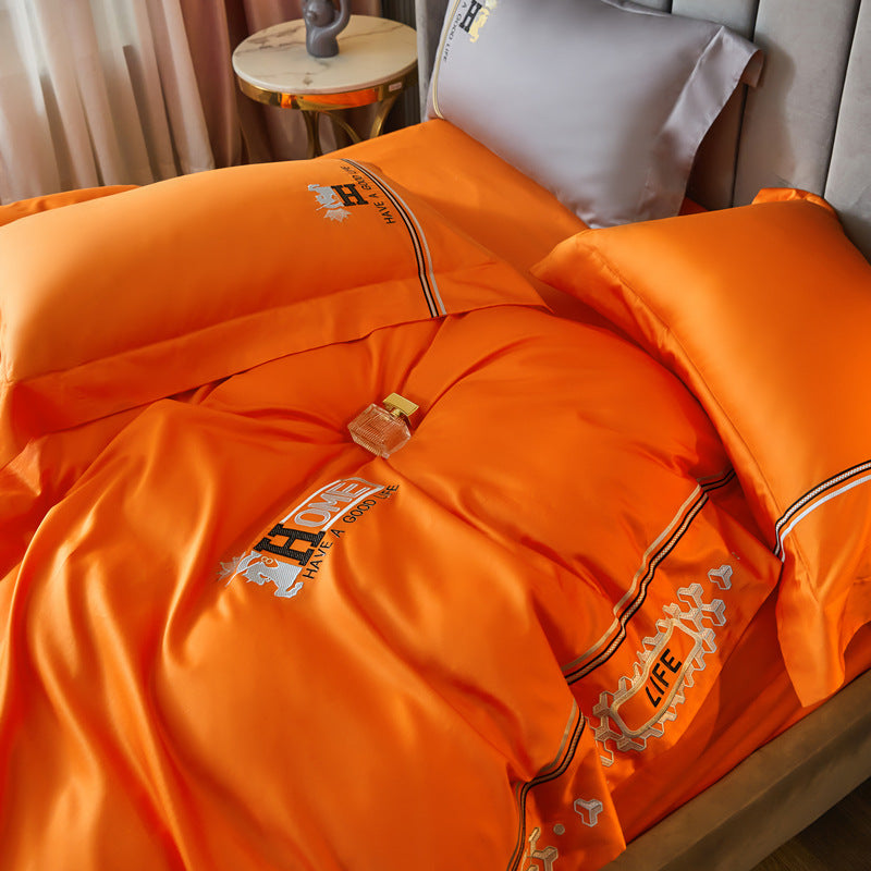 Cotton Embroidered Duvet Cover Cotton Model Room Orange Bedding