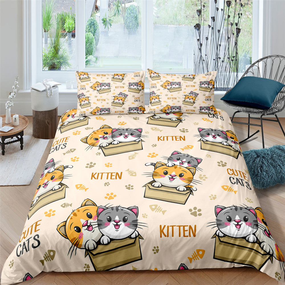 3D Digital Printing Plaid Bear Quilt Cover Three-piece Set And Four-piece Bed Sheet Set