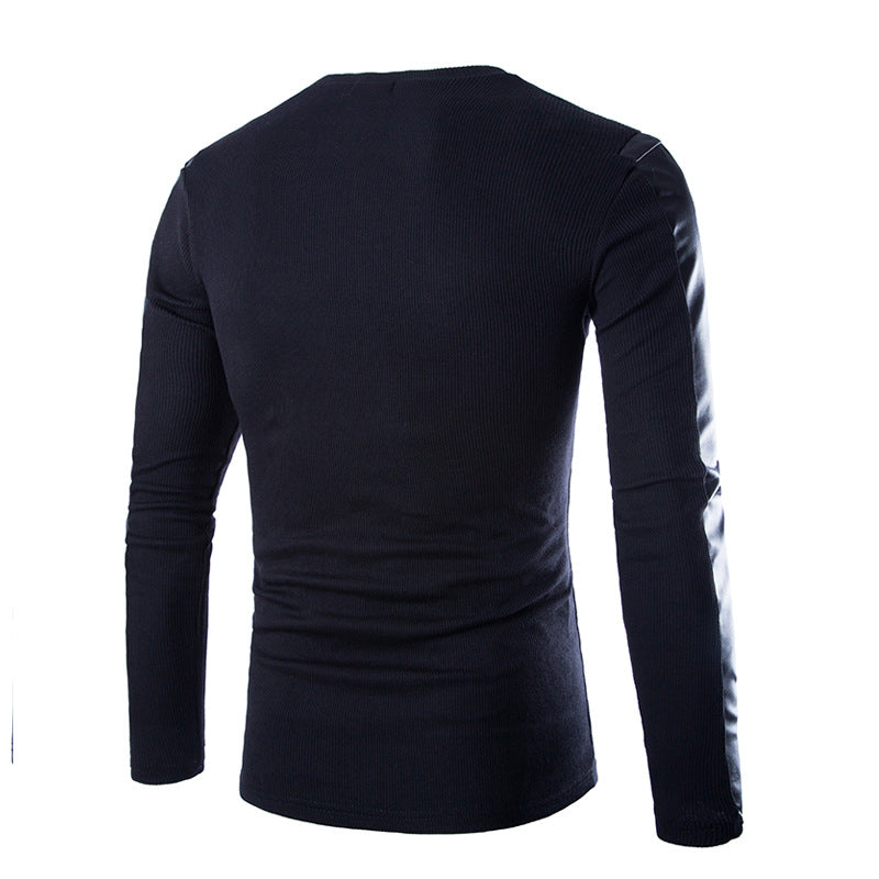 Men's Leather Men's Long-sleeved T-shirt Round Neck Pullover T-shirt