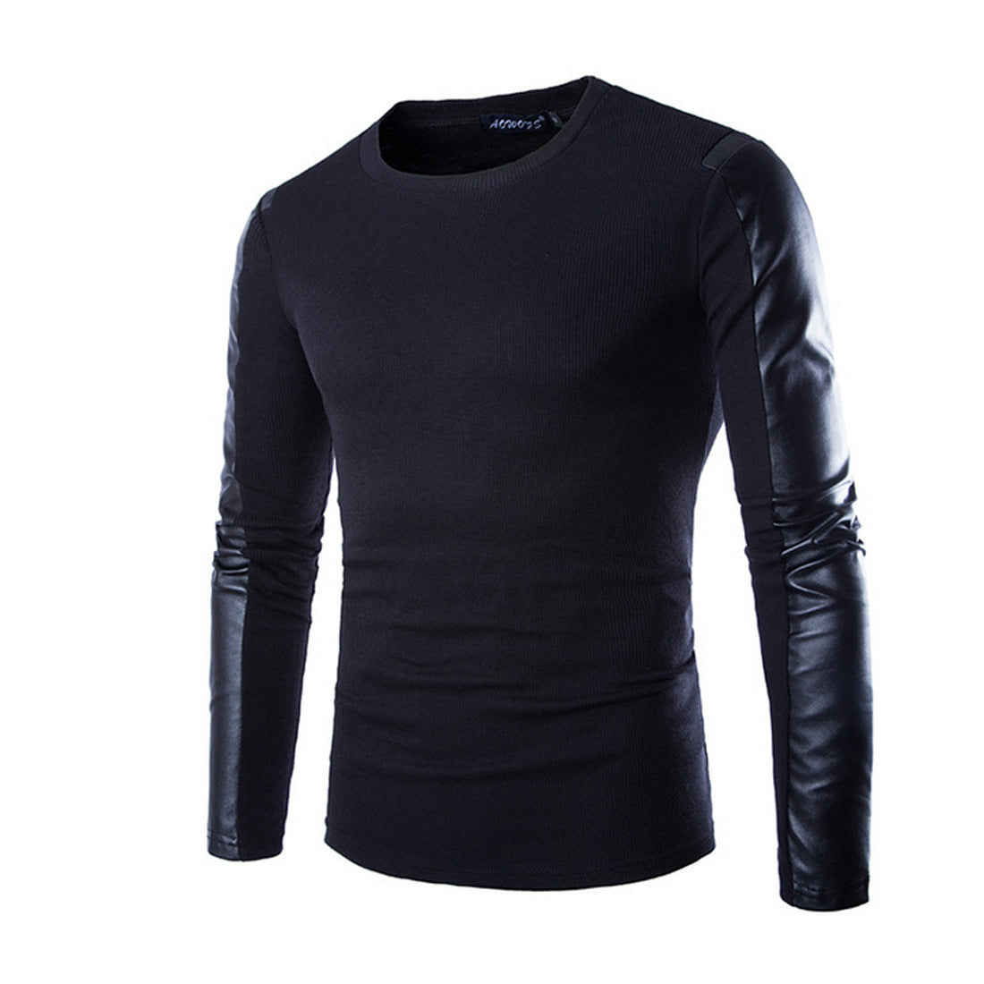 Men's Leather Men's Long-sleeved T-shirt Round Neck Pullover T-shirt