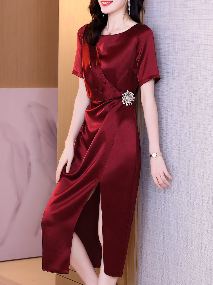 Satin Dress Female Red Dress Long Skirt LadyShow.Store