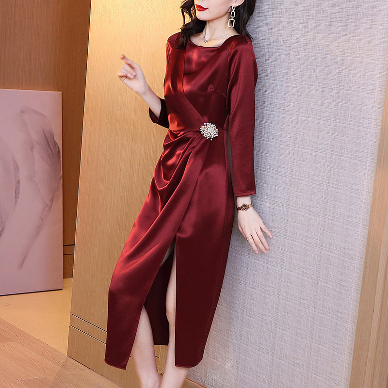 Satin Dress Female Red Dress Long Skirt LadyShow.Store