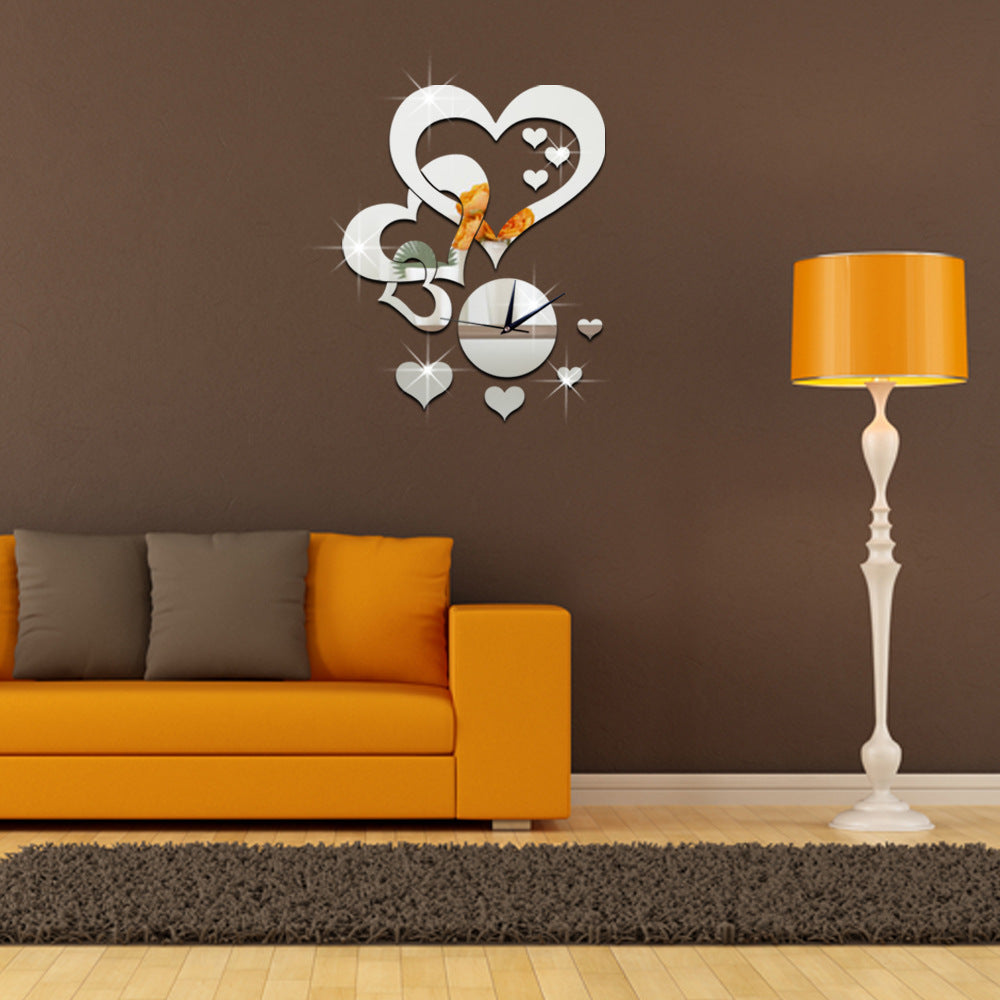 Creative Heart-shaped Wall Clock Mirror Clock Acrylic Decoration PearlNestDecor.com