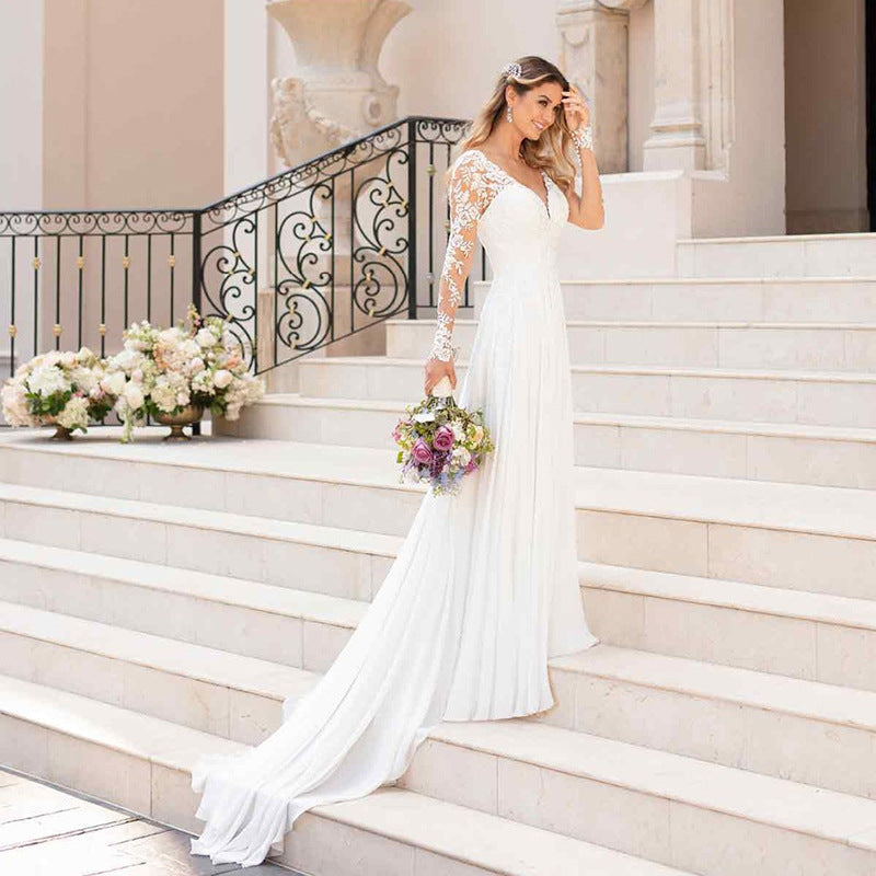 Sexy Backless Deep V-neck Wedding Dress Women White Evening Dress NorixaFashion.com