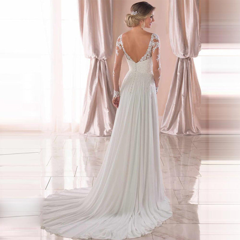 Sexy Backless Deep V-neck Wedding Dress Women White Evening Dress NorixaFashion.com