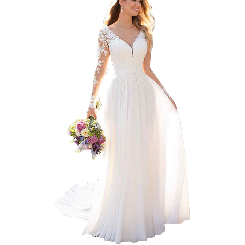 Sexy Backless Deep V-neck Wedding Dress Women White Evening Dress NorixaFashion.com