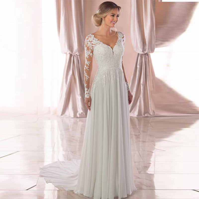 Sexy Backless Deep V-neck Wedding Dress Women White Evening Dress NorixaFashion.com