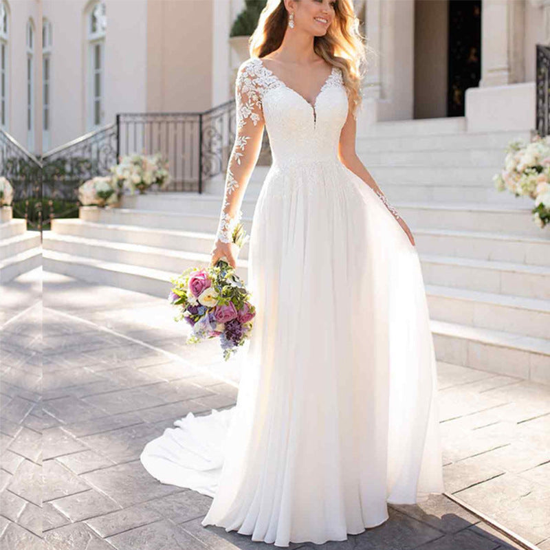 Sexy Backless Deep V-neck Wedding Dress Women White Evening Dress NorixaFashion.com