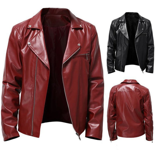 Men's Slim Fit Leather Jacket - Spring Autumn Round Neck Zip Front Casual Coat