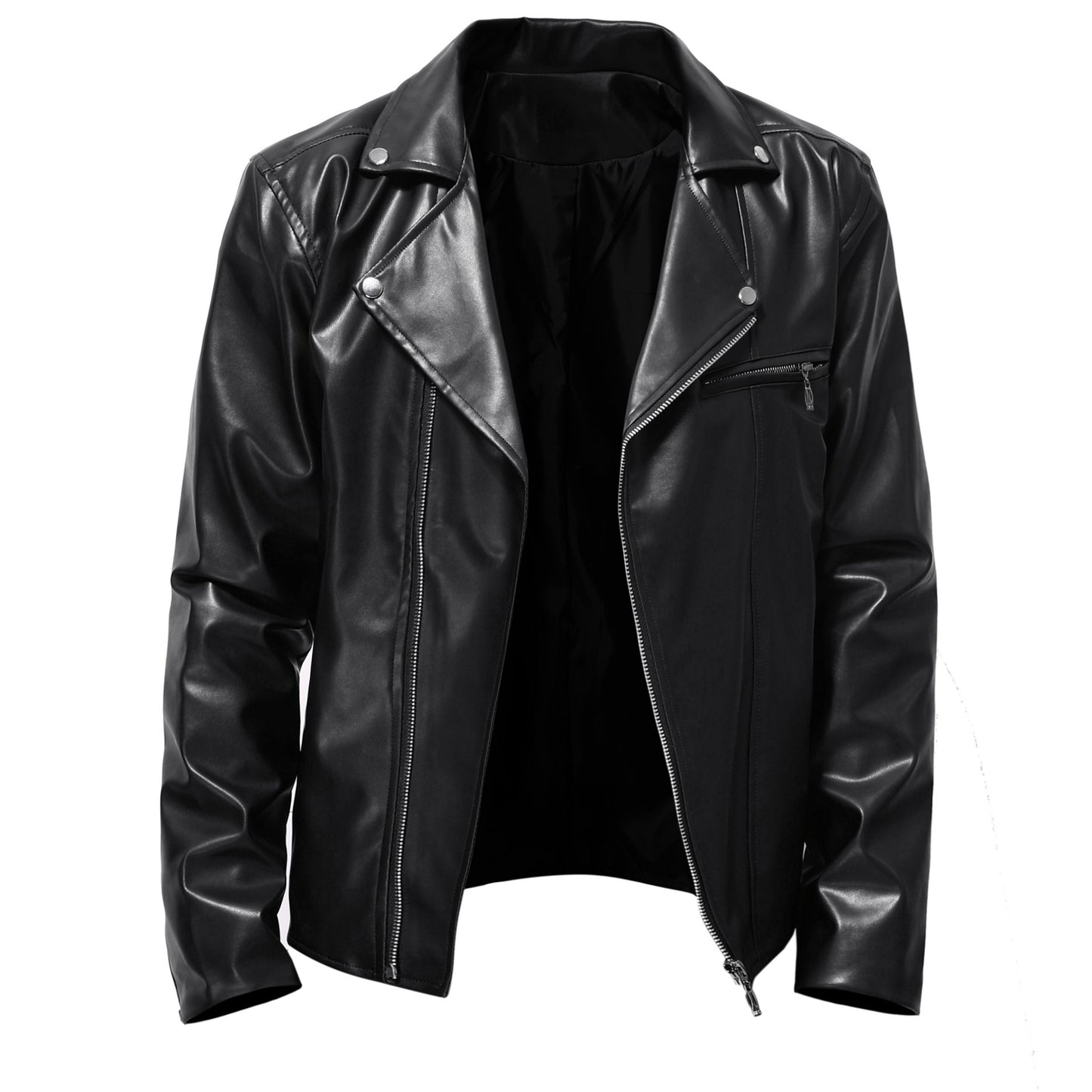 Men's Slim Fit Leather Jacket - Spring Autumn Round Neck Zip Front Casual Coat