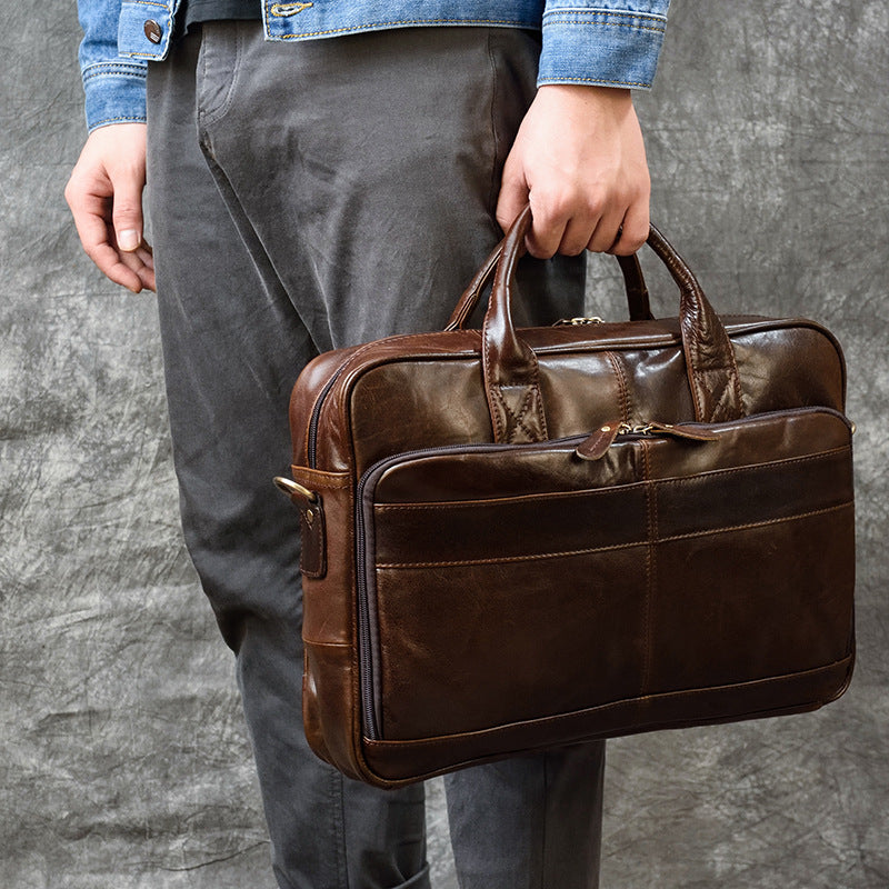 Vintage Men's Briefcase Genuine Leather Business Commuter Bag Crazy Horse Leather CJD