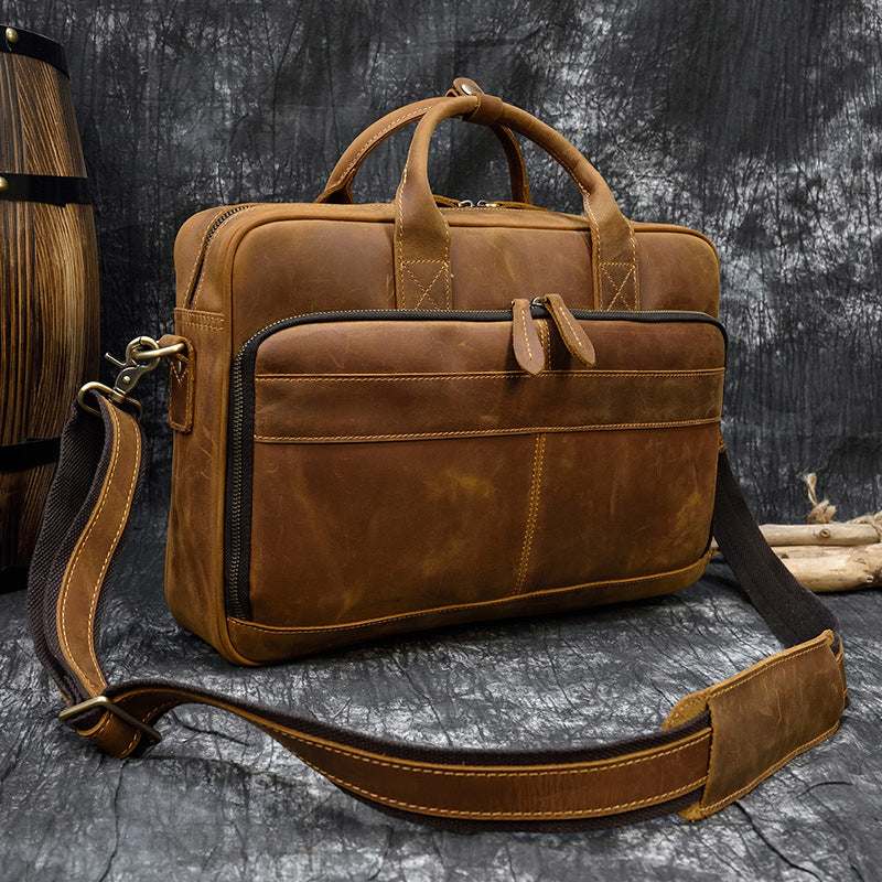 Vintage Men's Briefcase Genuine Leather Business Commuter Bag Crazy Horse Leather CJD