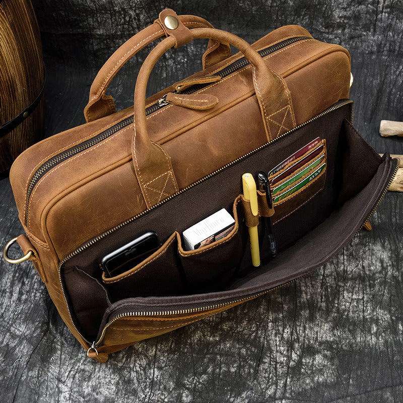 Vintage Men's Briefcase Genuine Leather Business Commuter Bag Crazy Horse Leather CJD