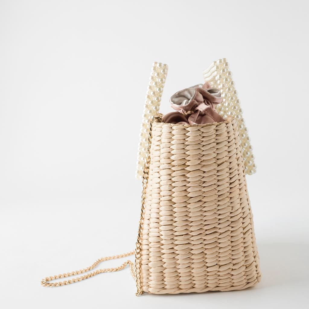 Cattail Woven Bag, Pearl Handle, Bead Handbag, Straw Woven Bag, Shoulder Diagonal Bag