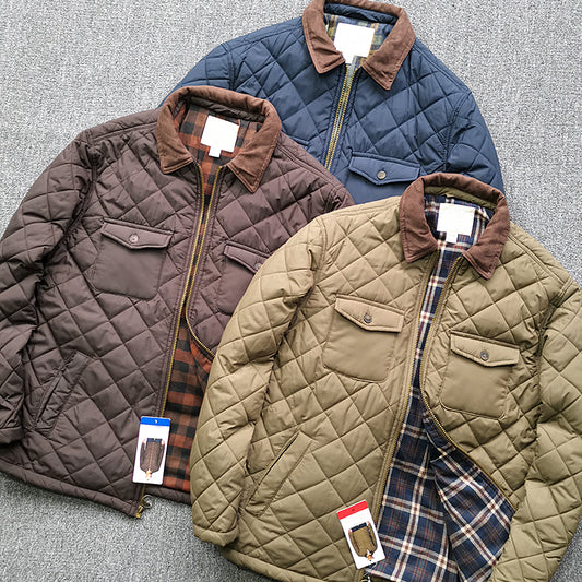 Men's Quilted Diamond Lapel Jacket - Autumn Solid Color Plaid Coat (Navy, Coffee, Military Green) CJD