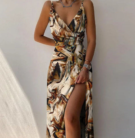 V-Neck Printed Slit Dress NorixaFashion.com