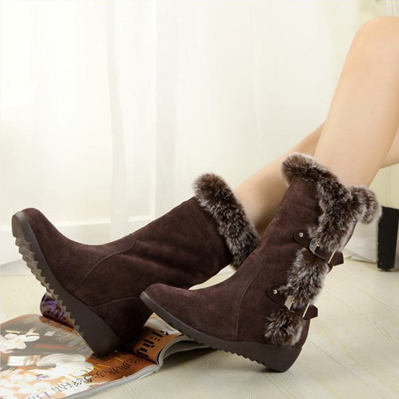 Brown New Winter Women Casual Warm Fur Mid-Calf Boots Shoes Women Slip-On Round Toe Flats Snow Boots Shoes LadyShow.Store