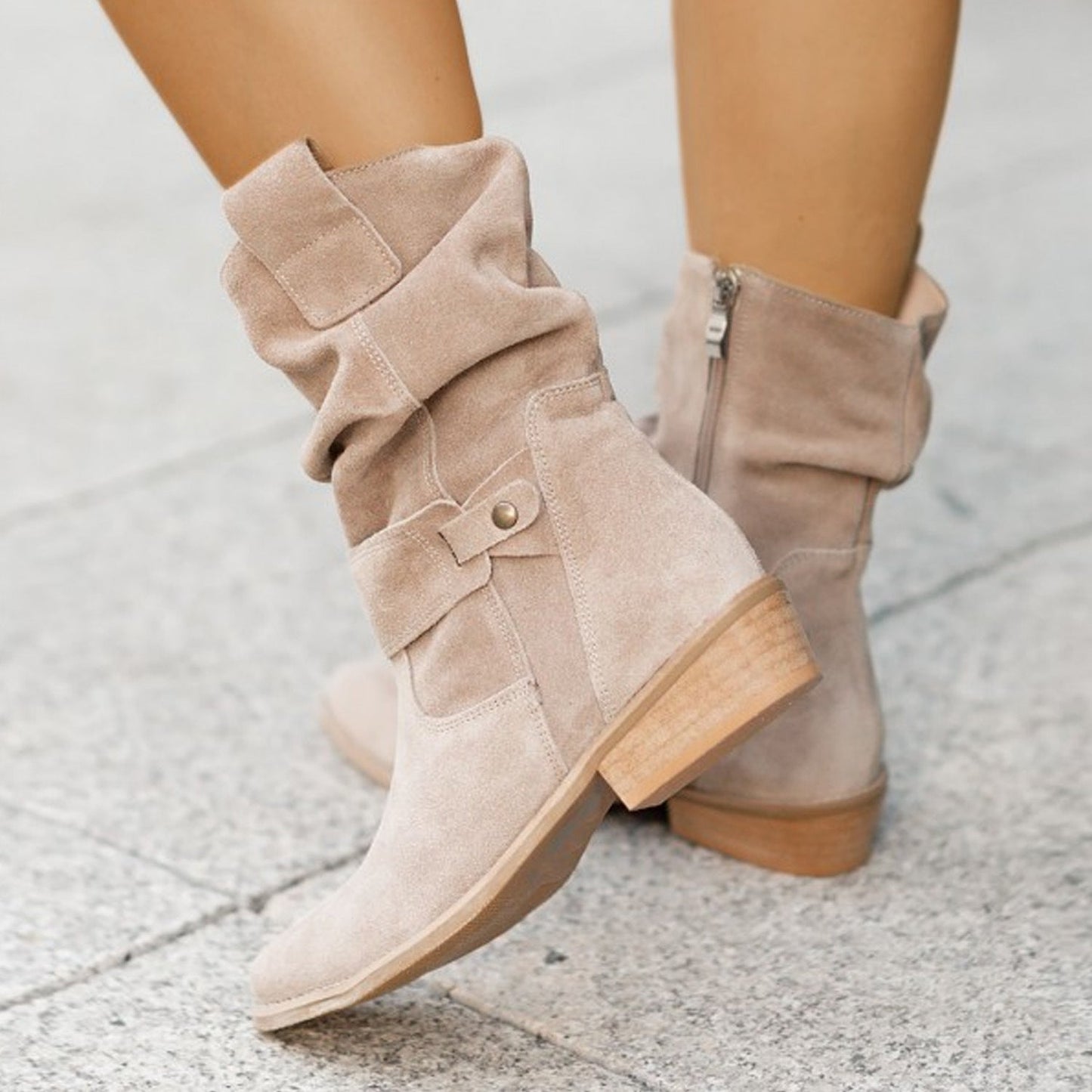 Ins Pointed Toe Mid-calf Boots Fashion Suede Zipper Western Boot Winter Shoes For Women LadyShow.Store