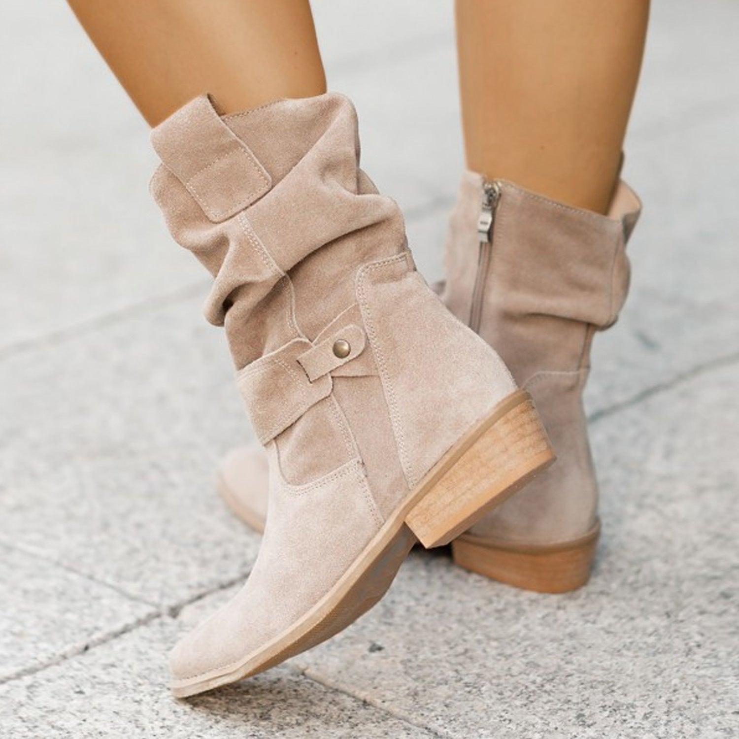 Ins Pointed Toe Mid-calf Boots Fashion Suede Zipper Western Boot Winter Shoes For Women LadyShow.Store