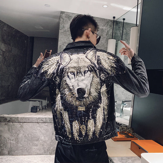 Boy Jeans Jacket Wolf Dog Embroidery Handsome Guy Slim Men's Jacket Best YouTube Store