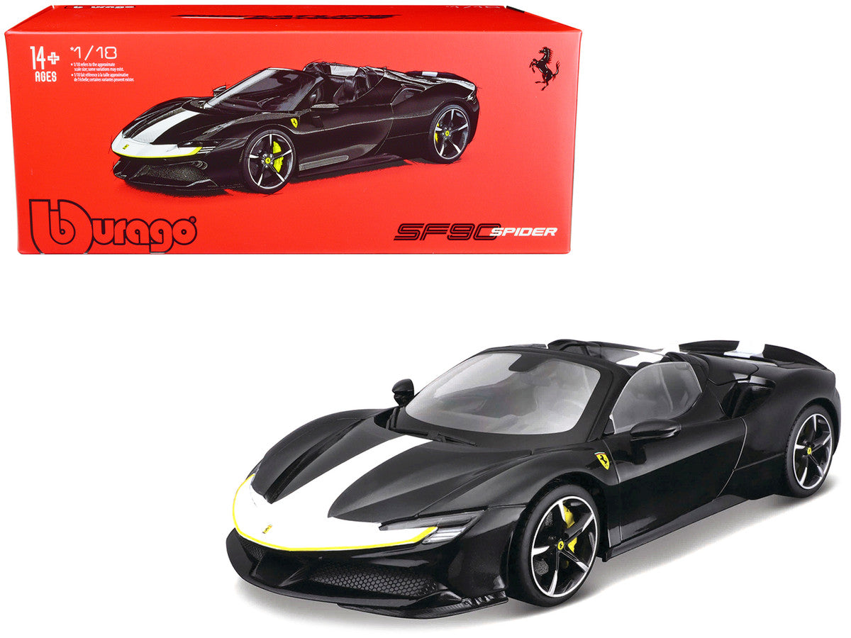 Ferrari SF90 Spider Assetto Fiorano Black Metallic with White Stripes "Signature Series" 1/18 Diecast Model Car by Bburago LuxuryLifeWay Online Store