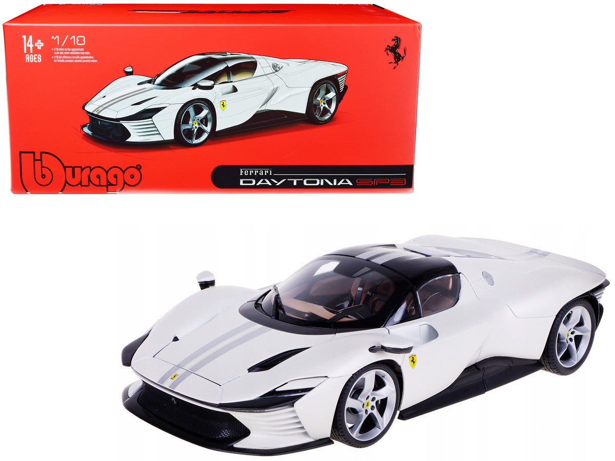 Ferrari Daytona SP3 White Metallic with Silver Stripes "Signature Series" 1/18 Diecast Model Car by Bburago LuxuryLifeWay Online Store