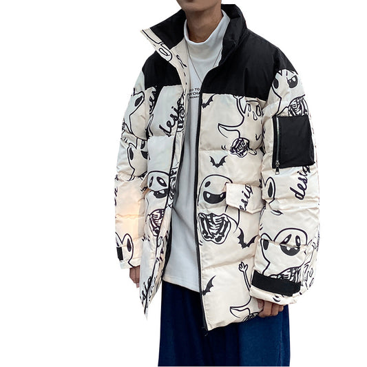 Cartoon Stand Collar Loose Korean Style Trendy Handsome Cotton Coat Men CJD