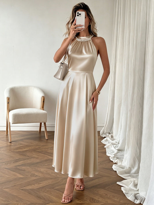 Pearl Halter High Waist Flowy Midi Dress NorixaFashion.com