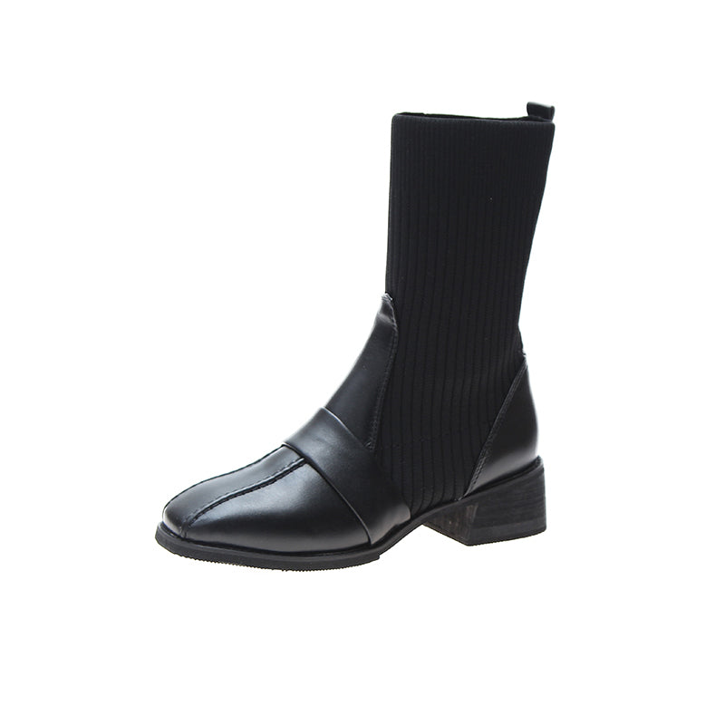 British Style Square Toe Mid-tube Knitted Martin Boots Women LadyShow.Store