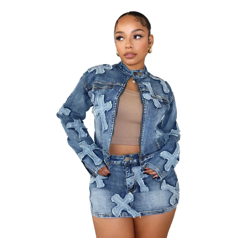 Denim Embroidered Skirt & Jacket Set Pi-Mart