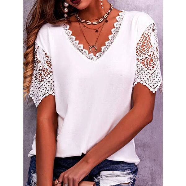 Lace Paneled Loose V-Neck Short Sleeves For Women NorixaFashion.com