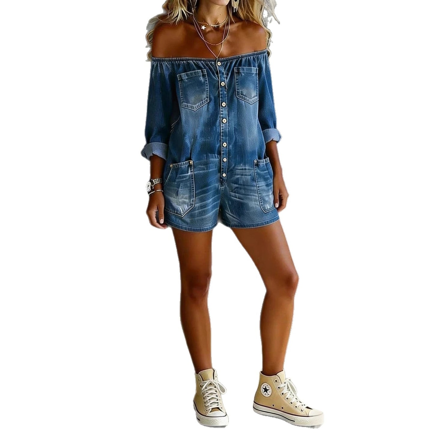Fashionable Retro Off-Shoulder Long-Sleeve Loose Washed Denim Jumpsuit NorixaFashion.com