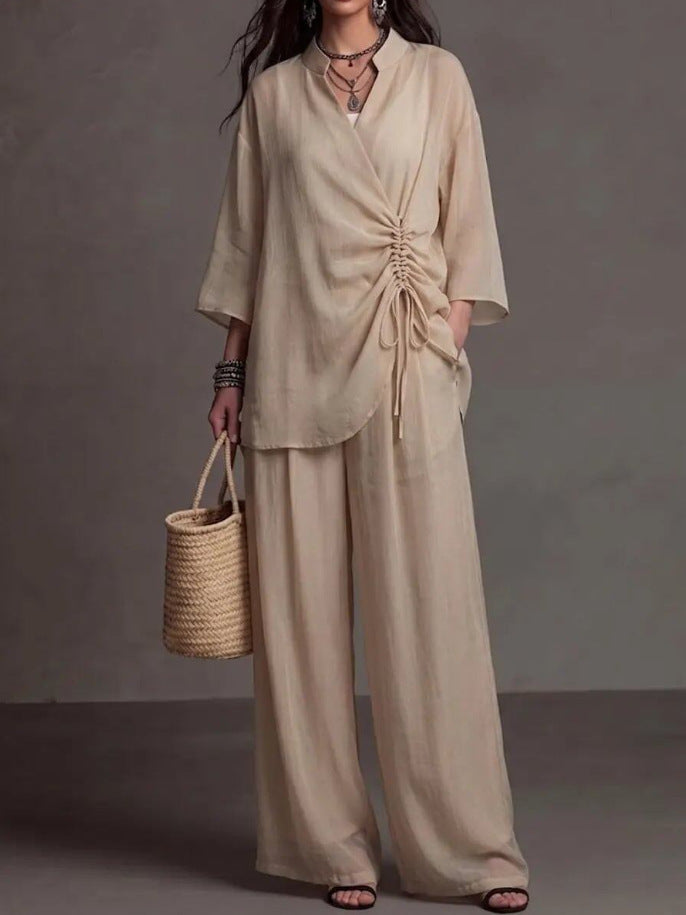 Stand-collar Top With Drawstring Waist High-waisted Slimming Wide-leg Pants Casual Set NorixaFashion.com