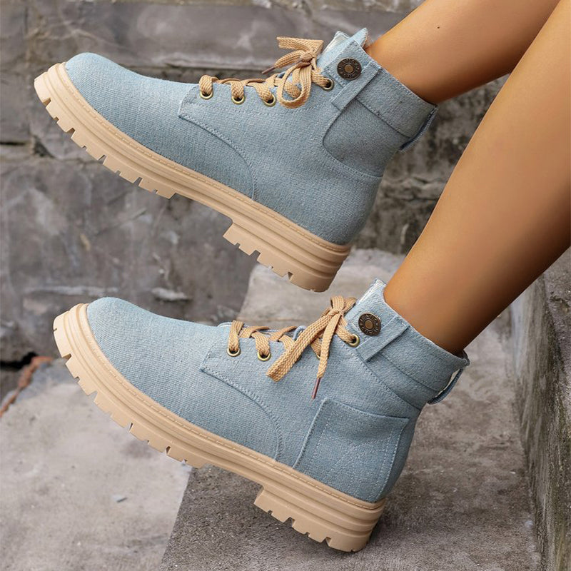 Lace-up Denim Ankle Boots Women Fashion Platform Cowboy Boots Casual Fashion Autumn Winter Round Toe Shoes LadyShow.Store
