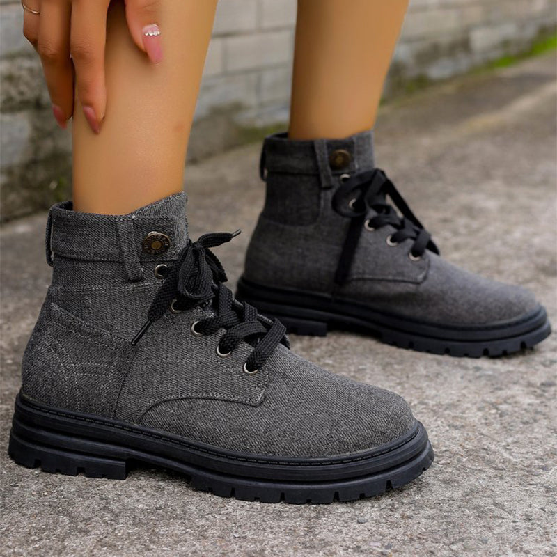 Lace-up Denim Ankle Boots Women Fashion Platform Cowboy Boots Casual Fashion Autumn Winter Round Toe Shoes LadyShow.Store