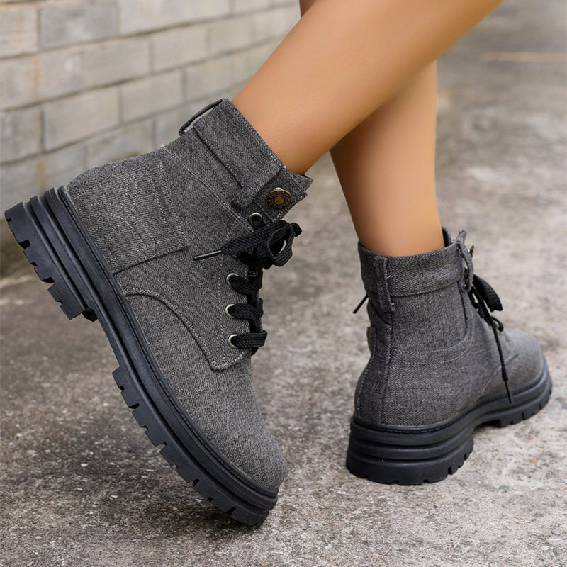 Lace-up Denim Ankle Boots Women Fashion Platform Cowboy Boots Casual Fashion Autumn Winter Round Toe Shoes LadyShow.Store