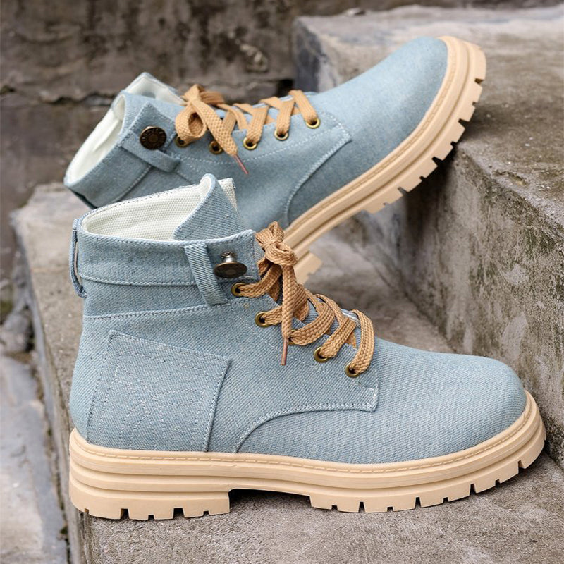 Lace-up Denim Ankle Boots Women Fashion Platform Cowboy Boots Casual Fashion Autumn Winter Round Toe Shoes LadyShow.Store