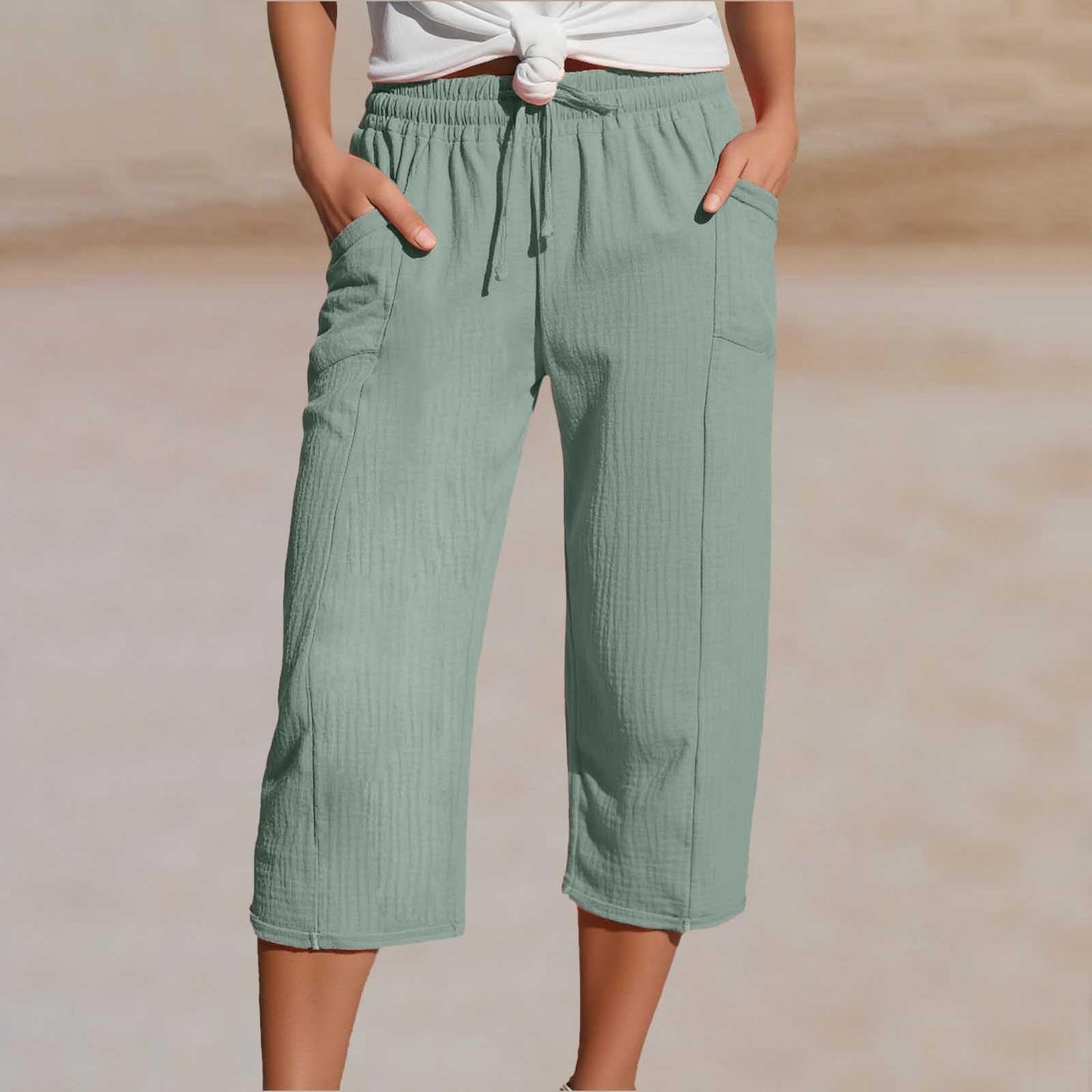 Women's Cotton-Linen Solid-Color Casual Cropped Pants With Elastic Waist NorixaFashion.com
