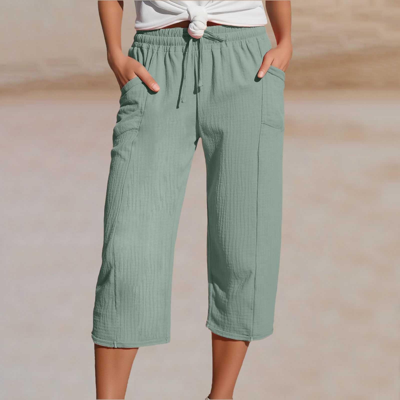 Women's Cotton-Linen Solid-Color Casual Cropped Pants With Elastic Waist NorixaFashion.com