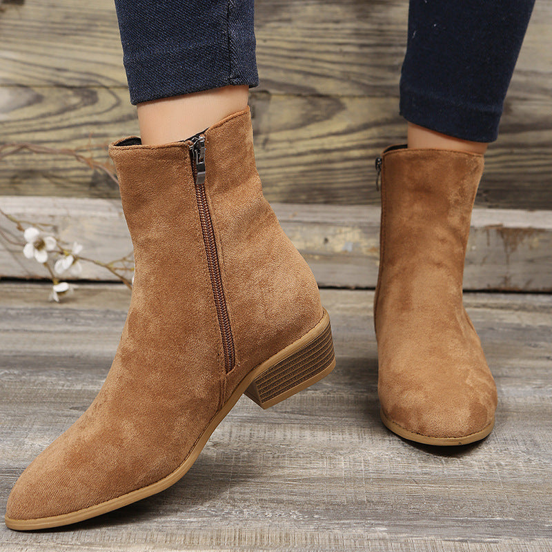 Women's Shoes Mid-calf Suede Pointed-toe Side Zip Chunky Heel Ankle Boots LadyShow.Store