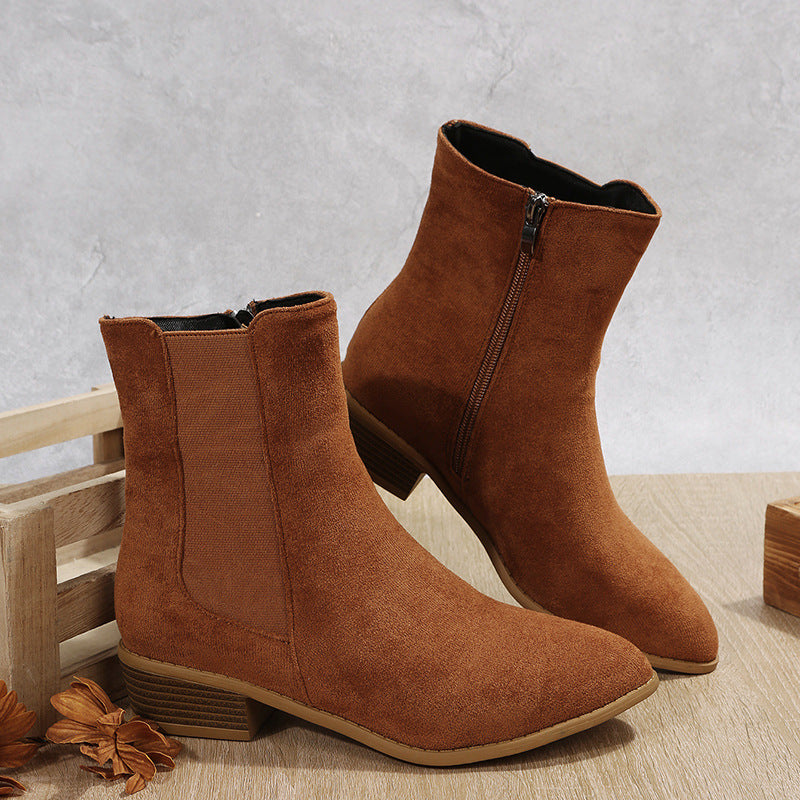 Women's Shoes Mid-calf Suede Pointed-toe Side Zip Chunky Heel Ankle Boots LadyShow.Store