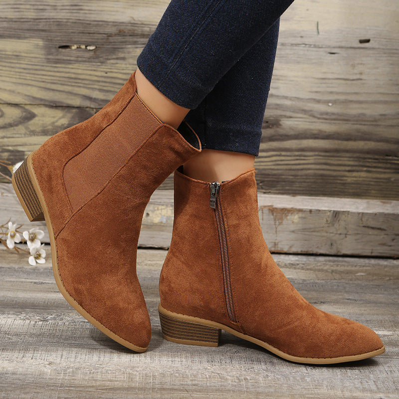 Women's Shoes Mid-calf Suede Pointed-toe Side Zip Chunky Heel Ankle Boots LadyShow.Store