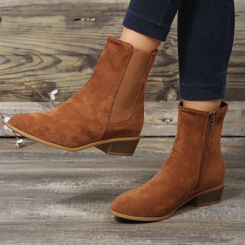 Women's Shoes Mid-calf Suede Pointed-toe Side Zip Chunky Heel Ankle Boots LadyShow.Store