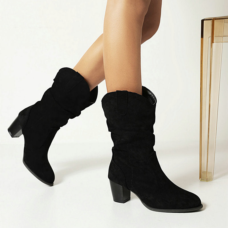 Chunky Heel High Heel Frosted Mid-calf Boots For Women LadyShow.Store