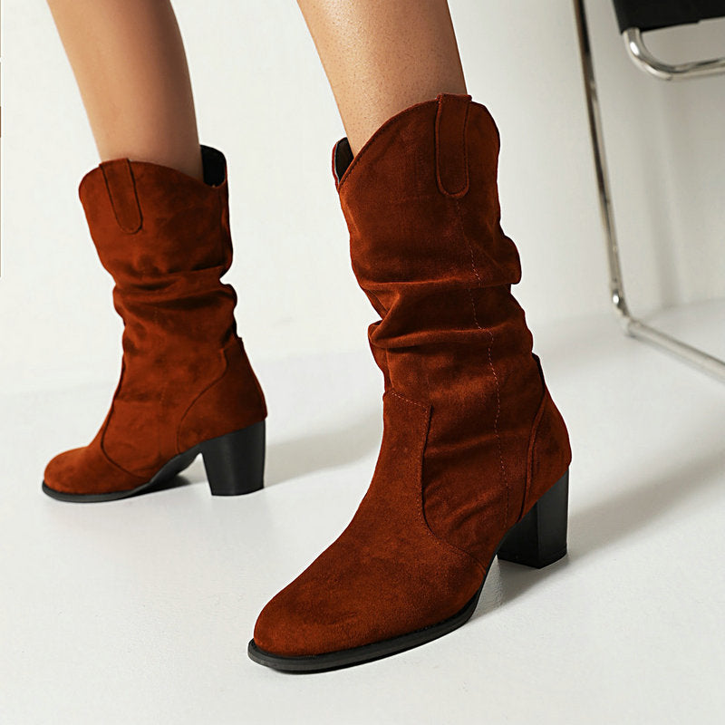 Chunky Heel High Heel Frosted Mid-calf Boots For Women LadyShow.Store