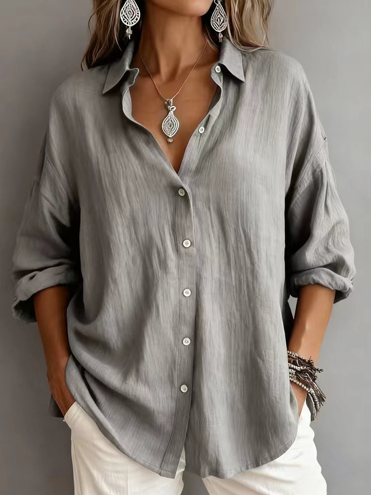Fashionable Solid-color Long-sleeve Lapel Cardigan Shirt NorixaFashion.com