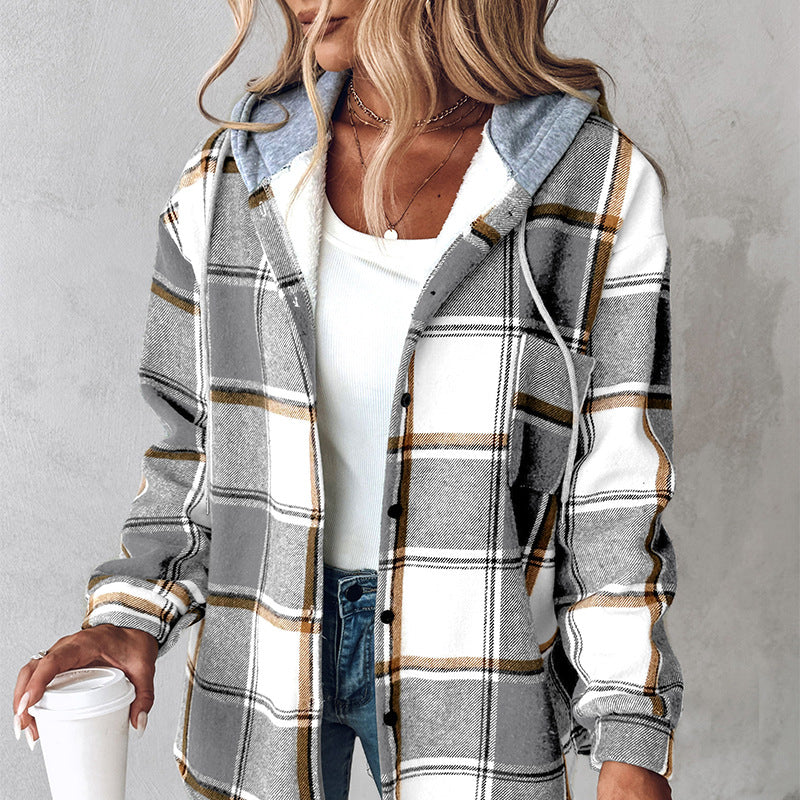 Plaid Hooded Jacket Fashion Casual Button Pocket Coat Autumn And Winter Women's Clothing LuxuryLifeWay Online Store