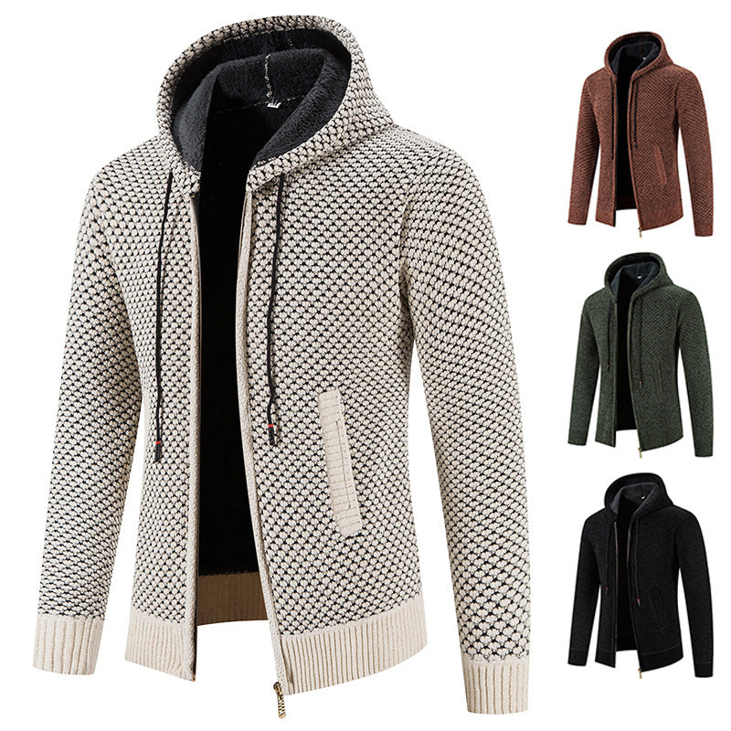 Knitwear Men's Hooded Sweater Fleece-lined Velvet-added Thickness Fleece-lined Warm Cardigan Coat LadyShow.Store