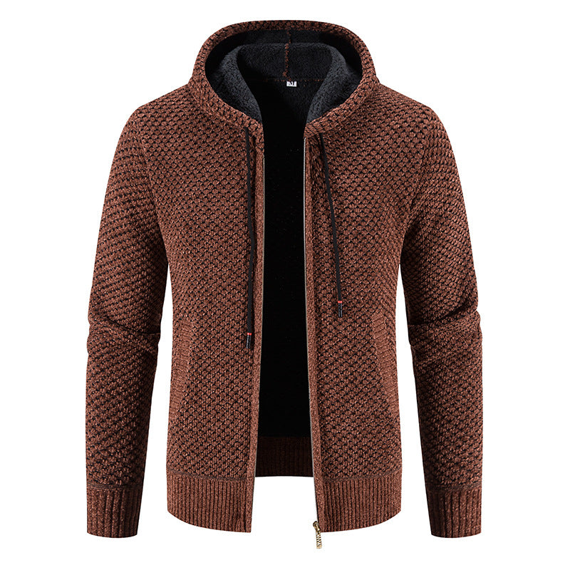 Knitwear Men's Hooded Sweater Fleece-lined Velvet-added Thickness Fleece-lined Warm Cardigan Coat LadyShow.Store
