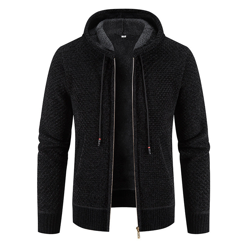 Knitwear Men's Hooded Sweater Fleece-lined Velvet-added Thickness Fleece-lined Warm Cardigan Coat LadyShow.Store